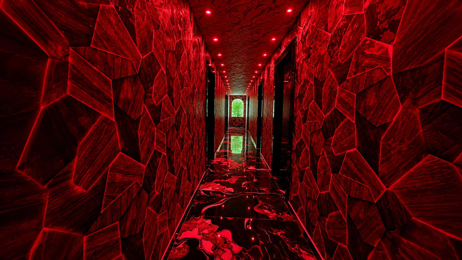 Red-lit corridor at UNIQ International Thai Spa Marathahalli — warm crimson ambient lighting, reflective marble floor and premium spa interior passageway