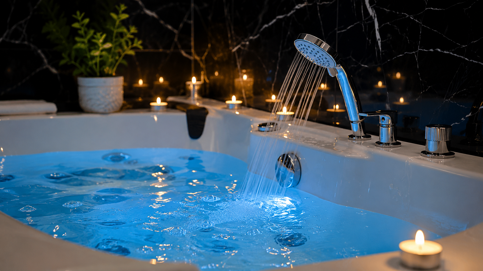 Blue candlelit Jacuzzi detail at UNIQ International Thai Spa Marathahalli — intimate ambient lighting and premium spa atmosphere inside the private Jacuzzi suite
