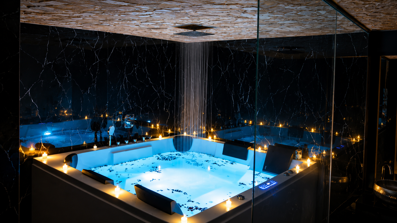 Candlelit blue Jacuzzi with overhead rain shower at UNIQ International Thai Spa Marathahalli — candles surrounding the tub, black marble walls, glass enclosure and premium private spa setting