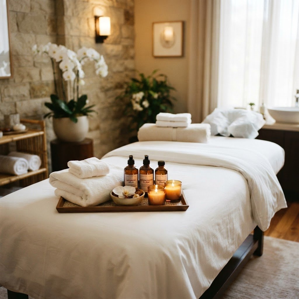 Fresh towels, premium massage oils and prepared spa amenities at UNIQ International Thai Spa Marathahalli — hygiene and preparation standards