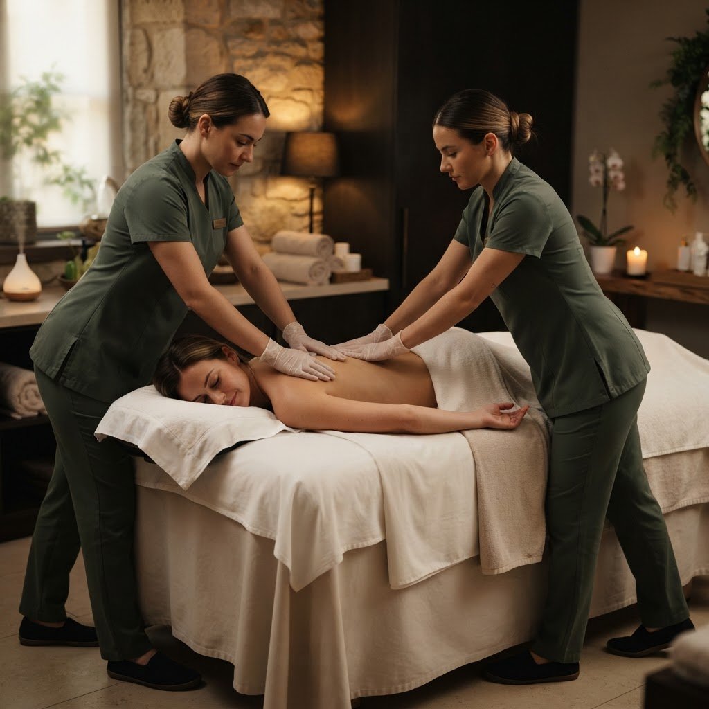 Four hand massage with two professional therapists working in synchronised technique on a guest in a luxury private treatment room at UNIQ International Thai Spa Marathahalli
