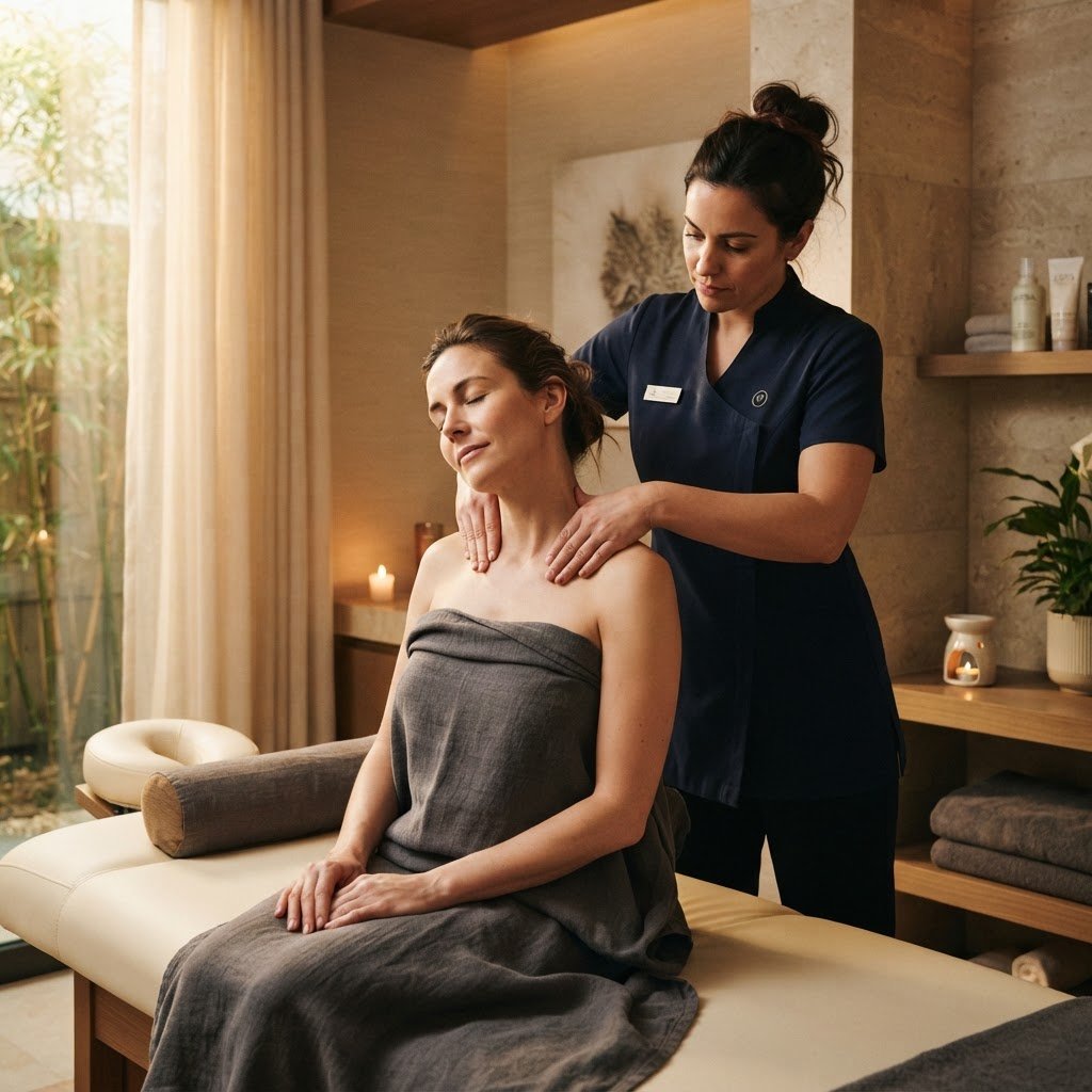 Head, neck and shoulder massage with professional therapist applying targeted technique in a premium private treatment room at UNIQ International Thai Spa Marathahalli