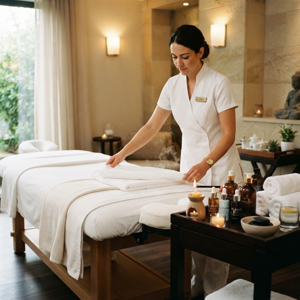 Professional therapist preparing premium treatment room at UNIQ International Thai Spa Marathahalli — arranging towels, oils and amenities to the highest standard