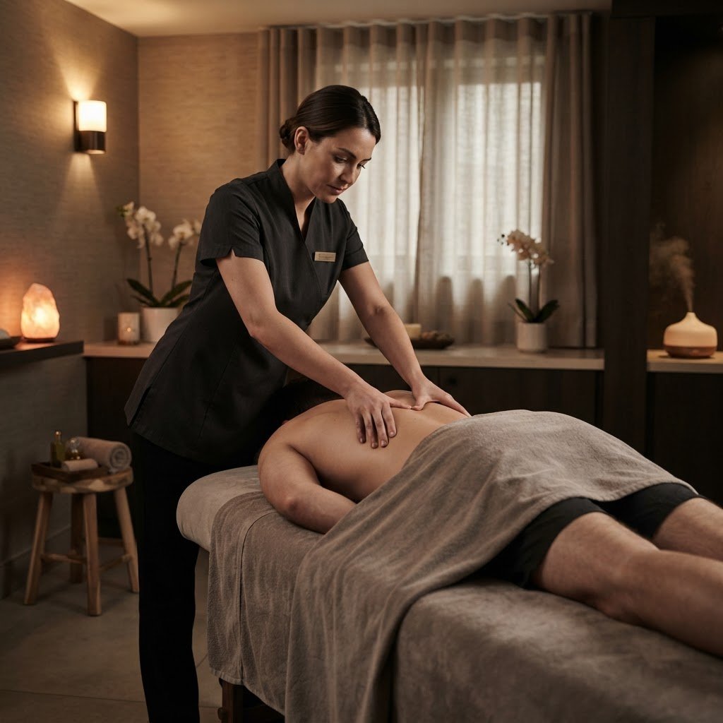 Professional deep tissue massage targeting upper back and shoulders at UNIQ International Thai Spa — therapeutic tension release treatment