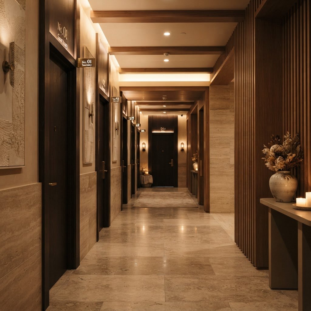 Semi-VIP spa suite corridor at UNIQ International Thai Spa Marathahalli — premium interior with warm timber accents and private room access