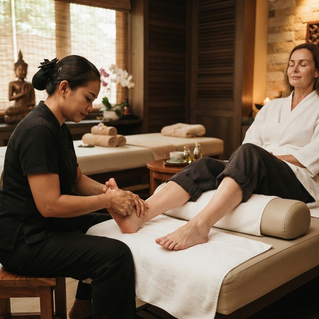 Thai foot reflexology treatment with professional therapist applying traditional technique to guest's feet in a premium treatment room at UNIQ International Thai Spa Marathahalli